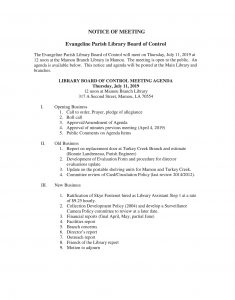 Library Board of Control meets Thursday, July 11 at 12 noon at the Mamou Branch