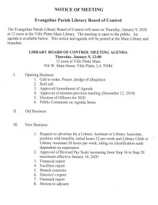 Library Board of Control meets Thursday, January 9th at 12 noon in Ville Platte
