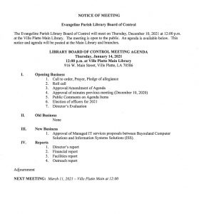Library Board of Control meets Thursday, January 14th at 12 noon in Ville Platte